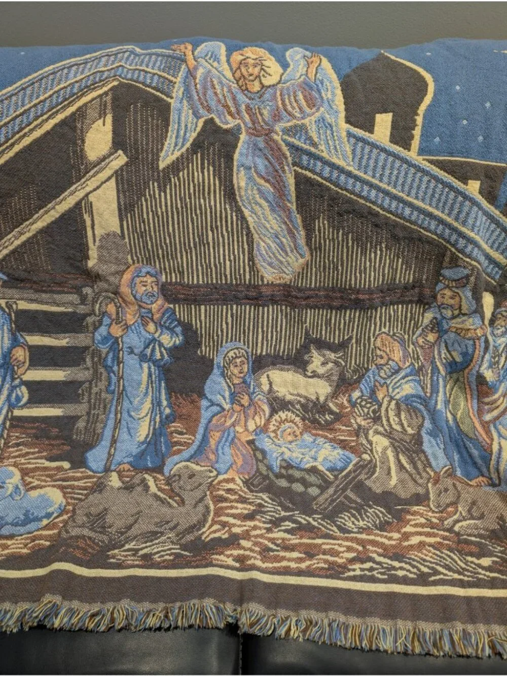 Goodwin Weavers Tapestry Throw Blanket Fringe Trim Nativity 46” X 55” Vintage